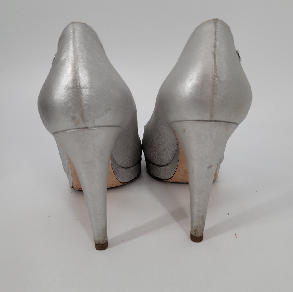 Chanel Silver Leather Black Cap Toe Platform Pumps Round Toe Size 38.5 with Box - Picture 12 of 14